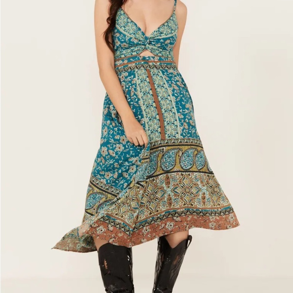 Angie Teal Floral Boho Paisley Handkerchief Dress Midi Medium